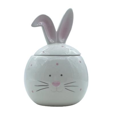 China Cute White Animal Rabbit Head Rabbit Ear Food Candy Storage Jar Easter Style Factory Price 3D Viable Ceramic Gift With Lid For Homeware for sale