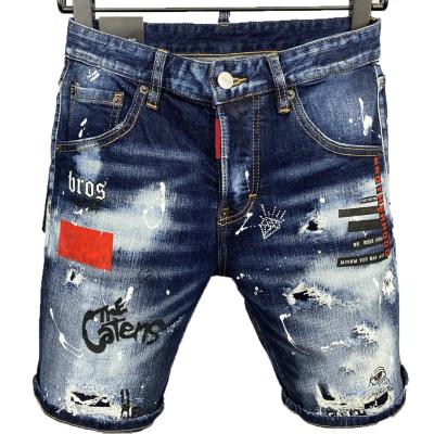 China The other summer ripped, scratched, and slimmed down denim shorts, men's trend woven belt patchwork pants, foreign trade five piece pants for sale