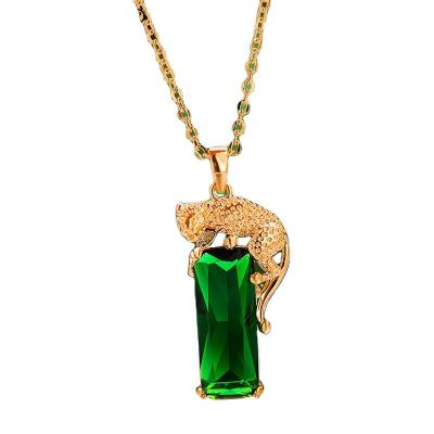 China Fashion Bossy Animal Leopard Rectangle Stone Large Pendant Necklaces For Women Men Green Yellow Gold Zircon Link Chain Necklace Gift for sale