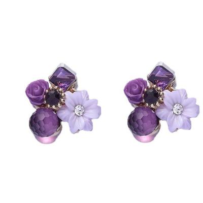 China Fashion purple garden stitching retro three-dimensional flower temperament earrings without pierced ear clips for sale