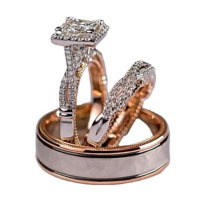 China 3PCS/SET CLASSIC Rose Gold Color Wedding Ring Set 3A Promise Zircon Stone Luxury Engagement Rings For Women for sale