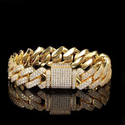 China Hot Sale Environmentally Friendly Wholesale Double Row Hip Hop Bracelet 14mm Zircon Diamond Cuban Chain Bracelet Rap Bar Men Bracelet for sale