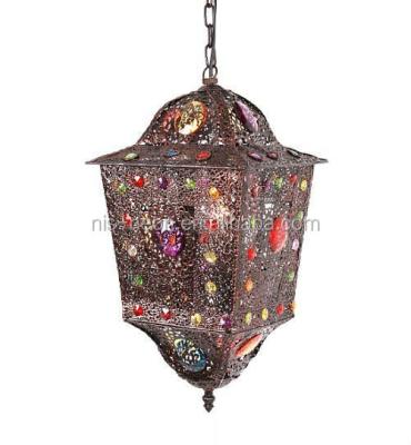 China Hot Selling Turkish Handwork Moroccan Lamp Inlaid Metal Colorful Lantern Indian Lamp NS-124001 for sale