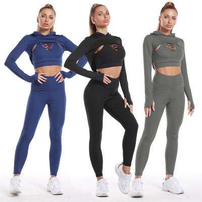 China New Fashion Breathable Fitness Clothes 3 Pieces Womens Long Sleeve Hooded Sport Wear Gym Leggings Set for sale