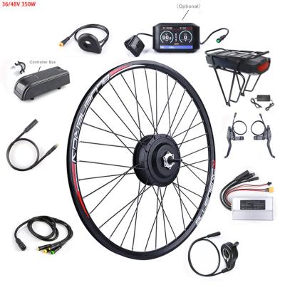 China Akkubici China factory 36v 48v 350w wholesale single wheel electric bike conversion kit with 20-29” rim and rear rack battery for sale