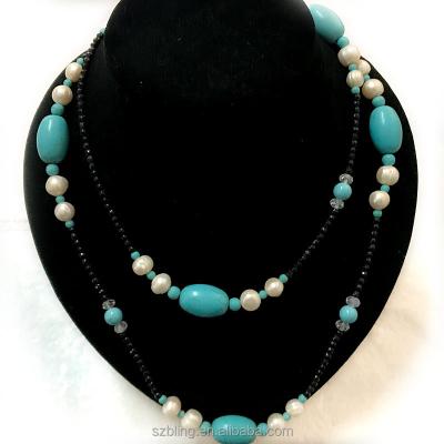 China PEARL Costume Jewelry Gemstone Necklace Bead Necklace (Synthetic Blue Turquoise, Pearl, Black Onyx) for sale