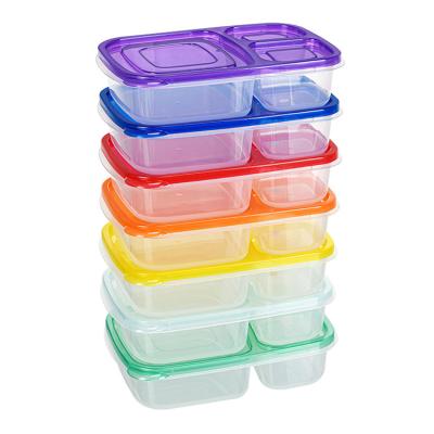 China Wholesale Colorful 3 Compartment Disposable Bento Lunch Box PP Plastic BPA Free Plastic Heated Takeout Lunch Box Food Packaging 7 Pieces Set for sale