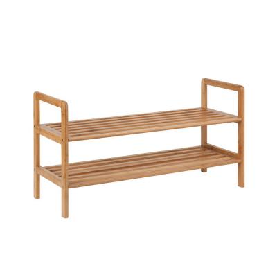 China Sustainable Wholesale Nature Bamboo Flower Pot Shelf 2-Tier Shoe Rack Eco-Friendly Slatted Outdoor Rack for sale