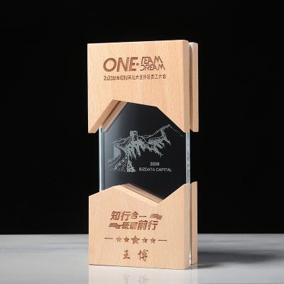 China New Style Beech Stocked Wooden Trophy With Clear White Crystal Glass Award Plaque For Sublimation for sale