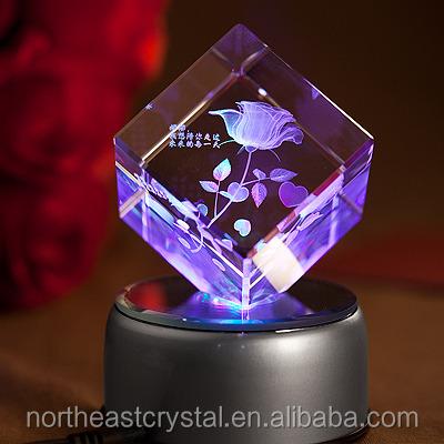 China China New Design 3D Laser Engraved Led Crystal Cube With Light Base for sale