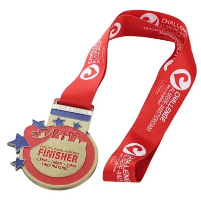 China Popular Copper Plated Custom Double Gold Logo With Sublimation Ribbon Lanyard Sports Award Medal for sale