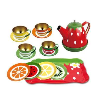 China Metal Alloy Kids Wooden Kitchen Toy Alloy Pretend Play Kitchen Toys Family Tinplate Fruit Tea Set for sale