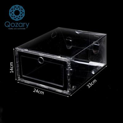 China Front Wholesale Stackable Plastic Organizer Drop Qozary Viable Folding Container Transparent Sneaker Packaging Clear Shoe Box Storage for sale