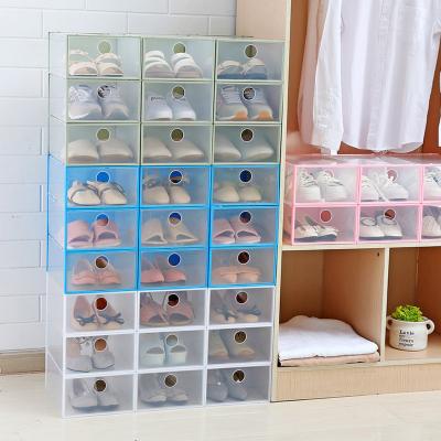 China Wholesale Viable Eco-Friendly Clear Plastic Transparent Storage Front Rectangular Stackable Cabinet Shoe Sneaker Display Drop Box for sale