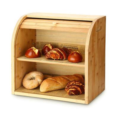 China Freshness Preservation 2 Layer Bamboo Bread Boxes For Kitchen Food Storage Large Capacity Bread Keeper Roll Desk With Removable Liner for sale