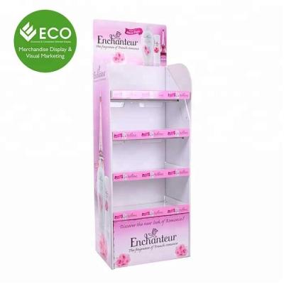 China Cardboard Hook Display 4 Tiers Customized Stable Pink Cardboard Floor Display Stand For Shampoo / Bath Cream Bottle for sale