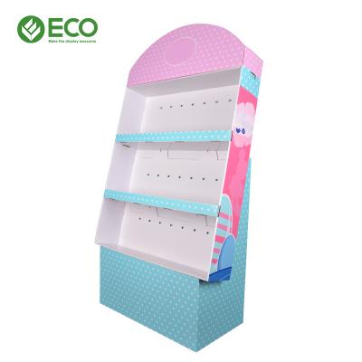 China Recyclable Custom Color Printed Cardboard Floor Display Stand Supermarket Hook Food Display Rack for sale