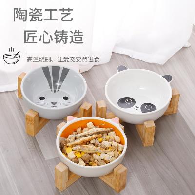 China Automatic Manufacturer Direct Sale Cute Cat Pet Dog Food Bowl Ceramic White With Wooden Frame Pet Feeder for sale