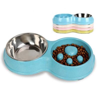 China Wholesale Custom Made Double Dog Cat Slow Feeder Bowl Stainless Steel Wheat Puppy Food Automatic and Water Feeder for sale