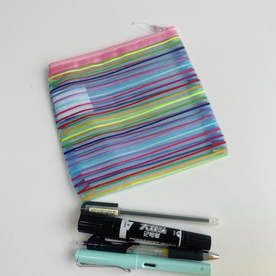 China Durable Rainbow Zipper Stripe Pencil Pouch Mesh Stationary Bag Office Supply for sale