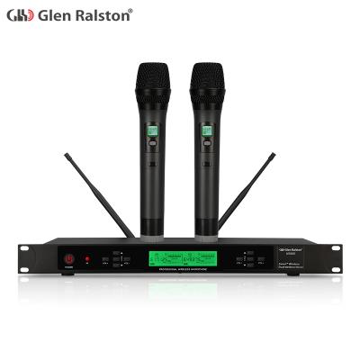 China Noise Canceling Glen Ralston Dual Channel Two UHF Wireless Handheld Wireless Microphone For KTV for sale