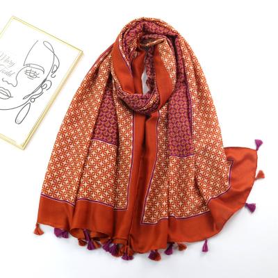 China Fashion Scarves Wholesale Luxury Shawls Fashionable Design Scarf Hijabs Multi Flowers Printing Long Silk Felling Scarves With Tassel for sale