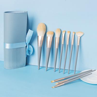 China 10pcs Personalized Skin-friendly Portable Makeup Brush Set Luxury Blue Wooden Handle Brush Travel Makeup Brush Set for sale