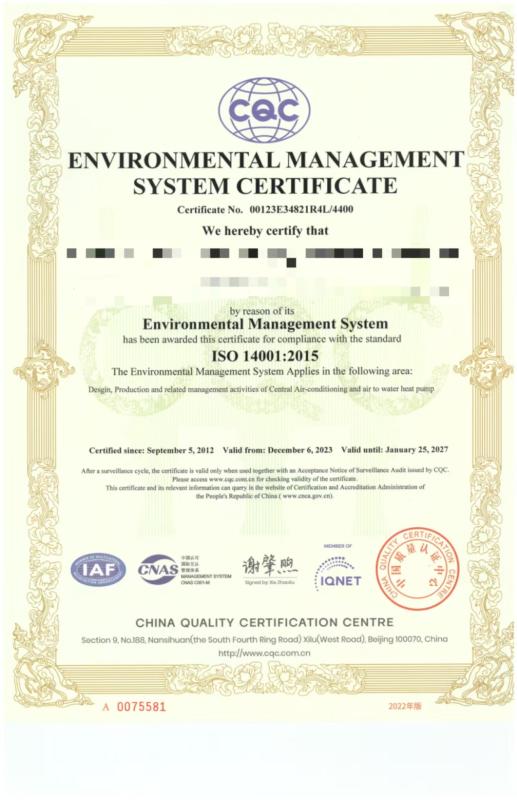 ENVIROMENTAL MANAGEMENT SYSTEM CERTIFICATE - Henan Hongtai HVAC Equipment Co., Ltd.