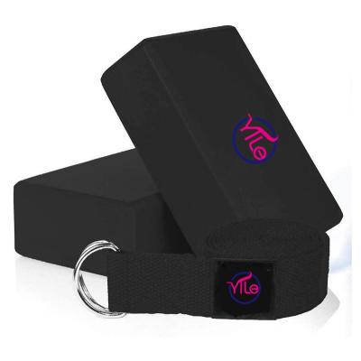 China Durable High Density EVA Foam Yoga Blocks And Cotton Fabric Strap Set Black for sale