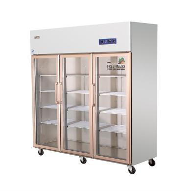 China 1350L Single-temperature Restaurant Kitchen Cooler Upright 3 Door Refrigerator Stainless Steel Glass Refrigerator for sale