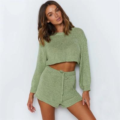 China 2022 Factory Wholesale Lady Breathable Summer Knit Crop Top Solid Sweater Women Two Piece Set Clothing for sale