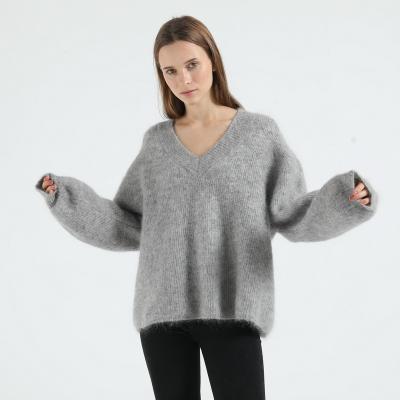 China Fashion Anti-pilling Mohair Designed Ladies Knitted Pullover Long Sleeve V Neck Women Solid Pullover Sweater for sale