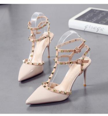 China New Breathable Design Elegant Sexy Slip On PU Leather Lady Shoes Online Women Nice Rivets High Heels Pump for sale