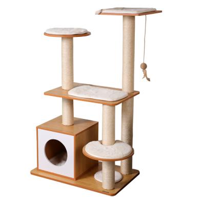 China Original High Quality Viable Yellow Cat Climbing Tree Wooden MDF Game Shelf for sale