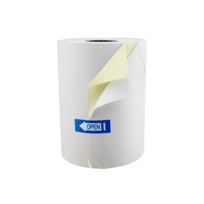 China 100% Wood Pulp Carbonless Paper 2ply 76x70mm NCR Paper Roll for sale