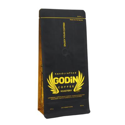 China 12oz 16oz Flat Bottom Box Pouch Moisture Proof Hot Stamping Gold Finish Resealable Coffee Bag with Valve and Zipper for sale