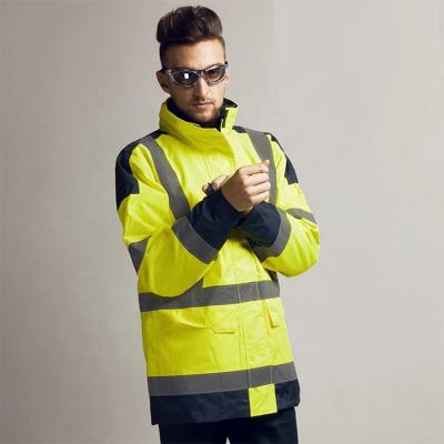 China High Visibility Winter Heated Yellow Fluorescent European Style High Safety PVC Raincoat Visibility Pocket Men Reflective Jacket for sale