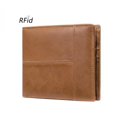 China Custom Genuine Leather RFID Logo Luxury Rfid Mens Leather Real Leather Brown Short Top Layer Wallet Multi-Card Two Position Two Fold Purse for sale