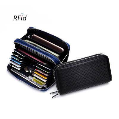 China Large Long Double Woven Sheepskin Wallet Zipper Card Holder Phone Capacity RFID Leather Case Purse Luxury For Men And Women for sale