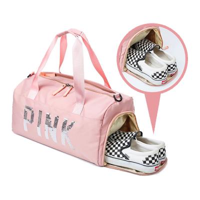 China Women Exercise Shoe Compartment Gym Duffel Bag Girls Yoga Weekend Nylon Stylish Pink Nylon Travel Sports Sequin Duffel Bag For Fitness Ladies for sale