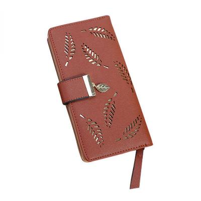 China Hot Selling Waterproof PU Leather Purse Gold Cavity Leaves Coin Pouch Girls Stylish Card Holders Grab Long Wallet Female Purse For Ladies for sale