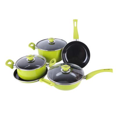 China Sustainable 8 Pcs Green Color Enamel Cookware Set Non Stick Cookware Set for sale