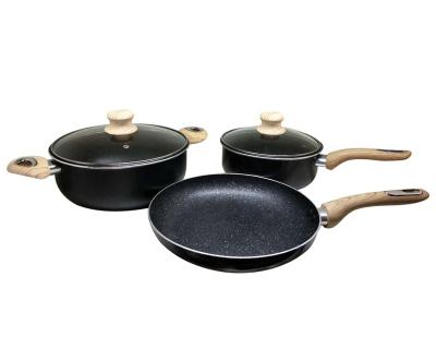 China Sustainable aluminum pressed 5 pcs non marble wooden stick stoves cookware pot and pan set for sale