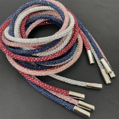 China New design tr086 shiny colorful crystal rhinestone hoodie cord string 120cm round for sale