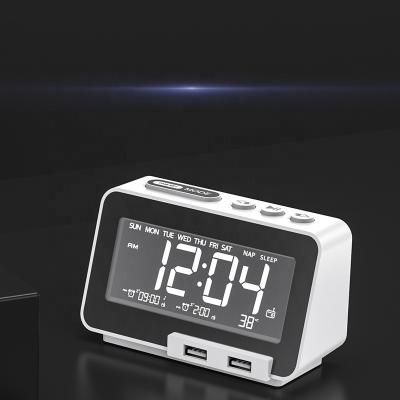 China Calendars Hotel Alarm Clock FM Radio Sleep Timer Dual USB Port Charging Digital LCD Display Dimming Volume Adjustable BT Speaker for sale