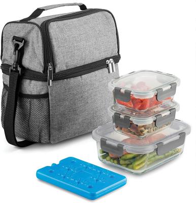 China Heat Resistant 8-Piece Insulated Lunch Box Set - Gray Insulated Lunch Bag For Women Men - 6 PC Glass Food Container Set for sale