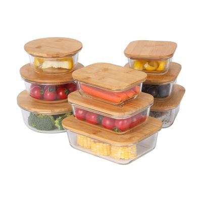 China New Design Borosilicate Glass Food Heat Resistant Storage Container With Airtight Bamboo Lid Bento Lunch Box for sale