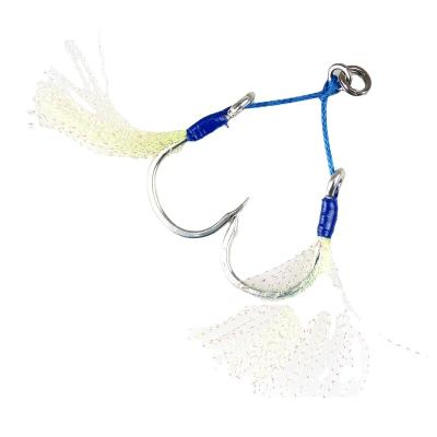 China Blue Steel Mustad Twine Feature Fishhook OEM Double Hook Barbed Jig Hook for sale