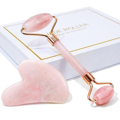 China Skin Rejuvenation skin massage tool rose quartz facial jade roller and gua sha with box for sale