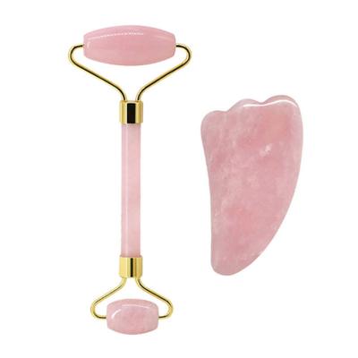 China Double Head Pink Rose Quartz Stone Crystal Jade Beauty Face Massager Gua Sha Roller Set Jade Roller For Face for sale